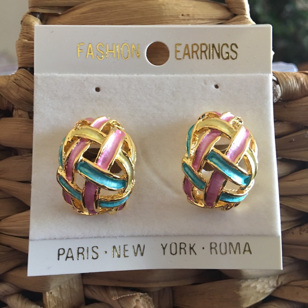 Pastel enamel gold tone setting pierced earrings